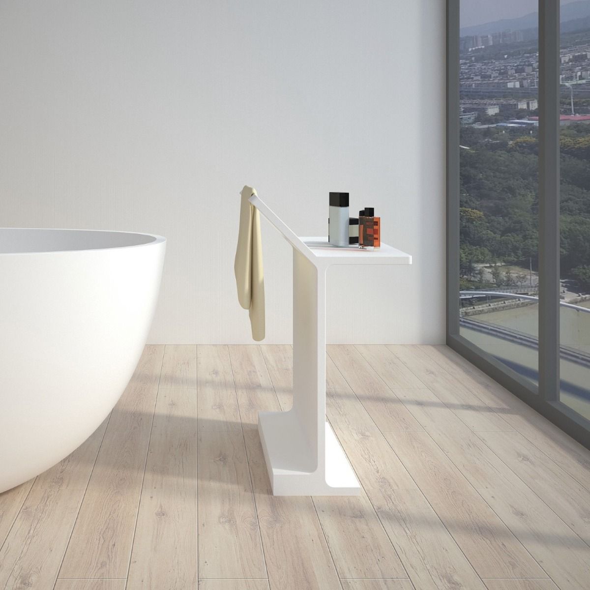 Matt White Stone Freestanding Bath Shelf With Towel Rail
