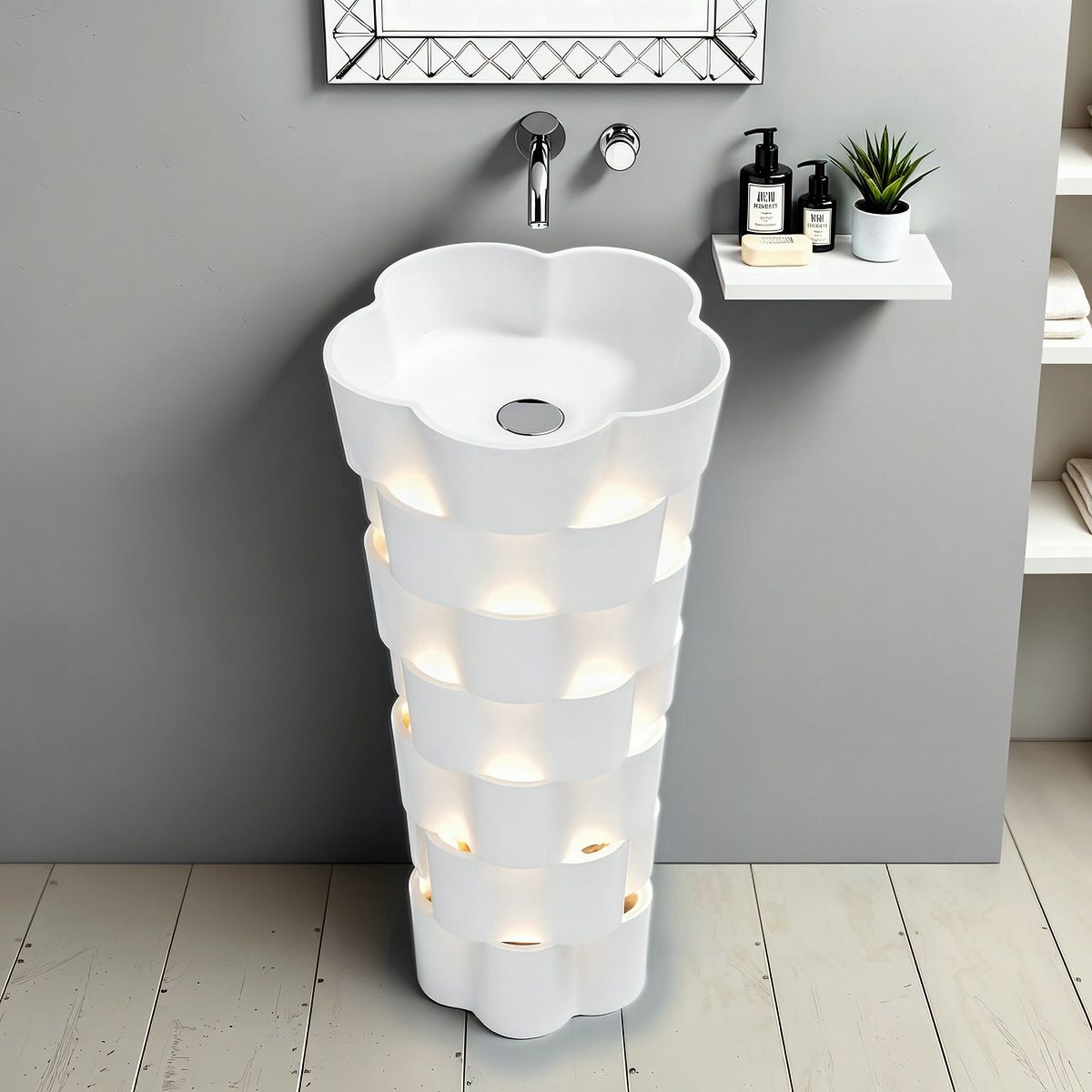 Seville White Stone Cloakroom Floor Standing Pedestal Basin Sink With Lights