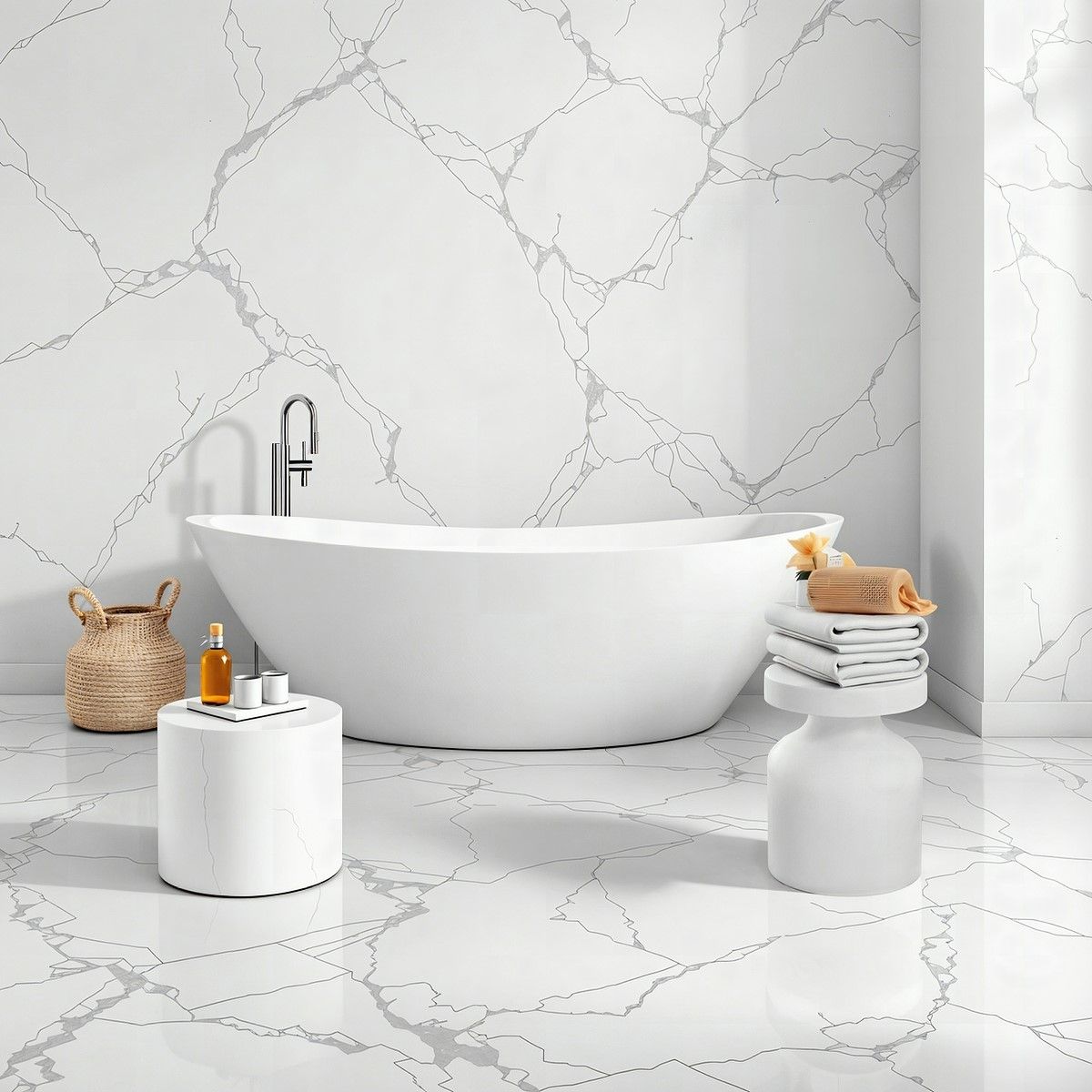 La Roca Matt White Stone Round Bathroom Stool