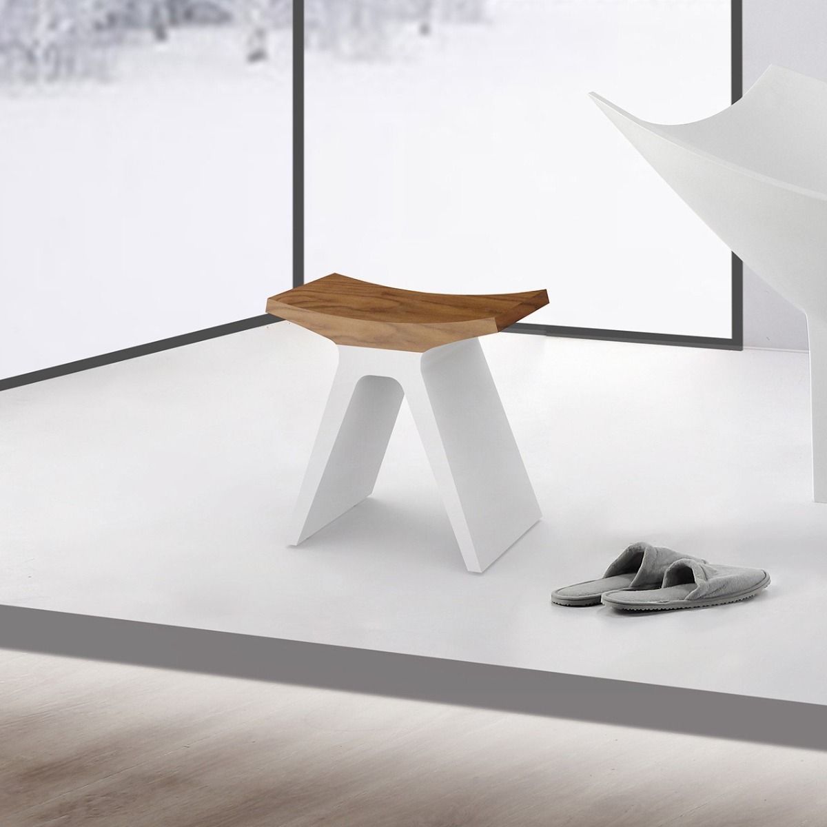 Allue Matt White Stone With Solid Oak Wood Bathroom Seat