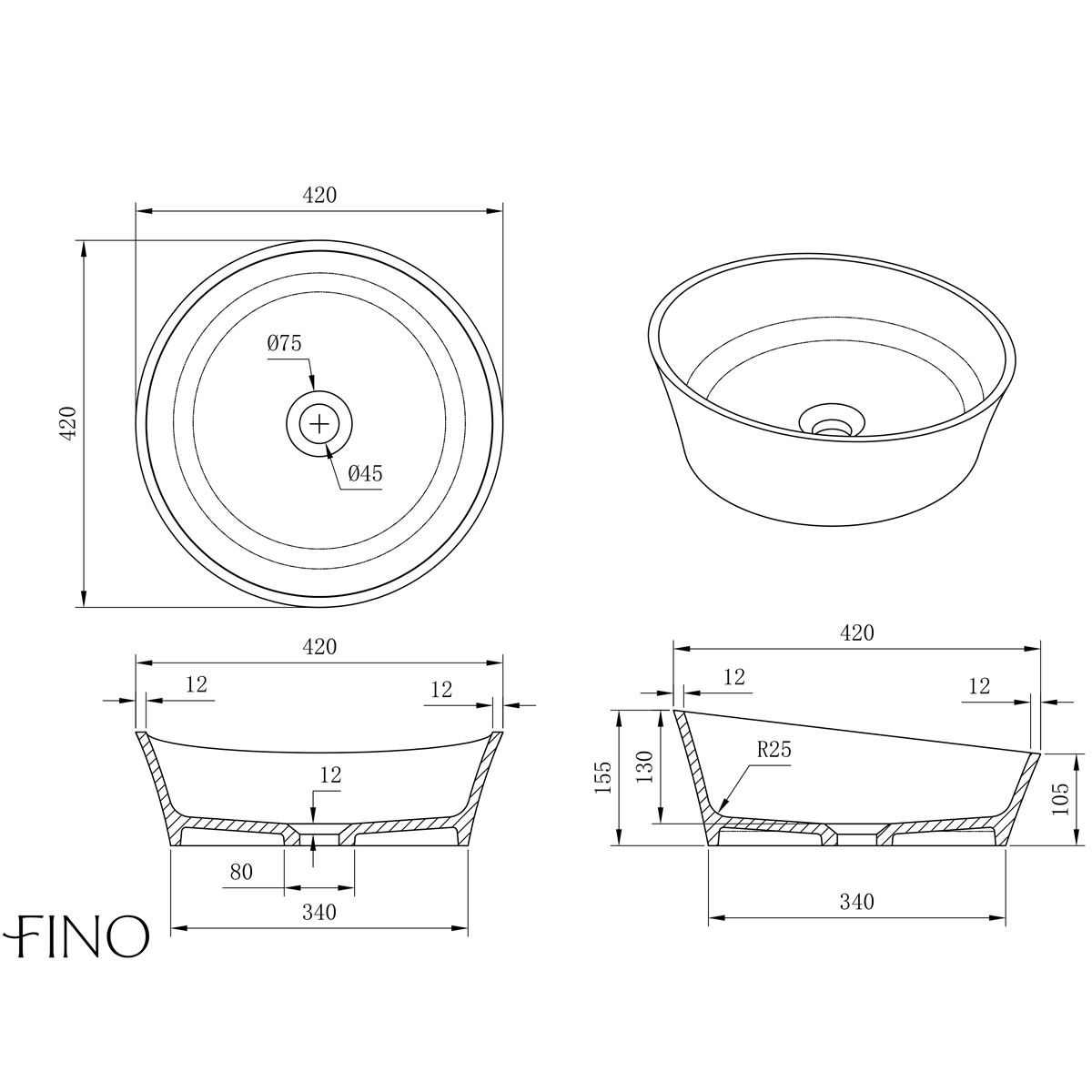 Toledo Matt White Countertop Stone Basin 420mm