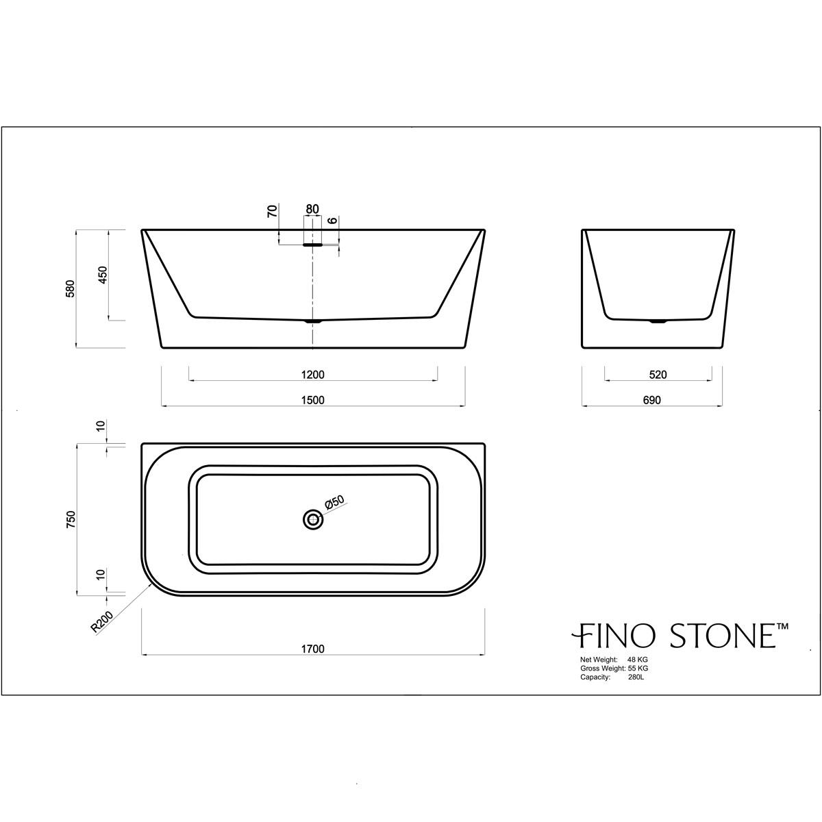 Acrylic bath btw1 dimensions