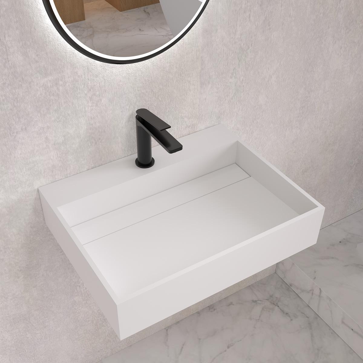 Asturias matt white wall hung stone basin 600mm side