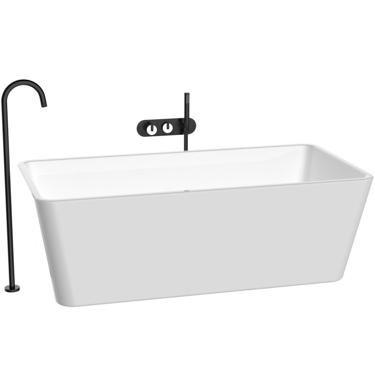 Black freestanding bath tap with wall mounted shower marble handles