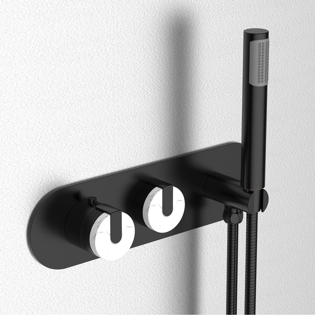 Black freestanding bath tap with wall mounted shower marble handles shower