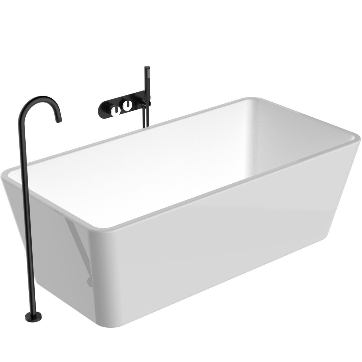 Black freestanding bath tap with wall mounted shower marble handles side