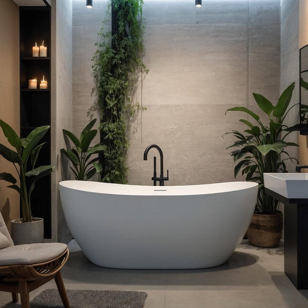 Cazorla matt white freestanding stone bath in bathroom