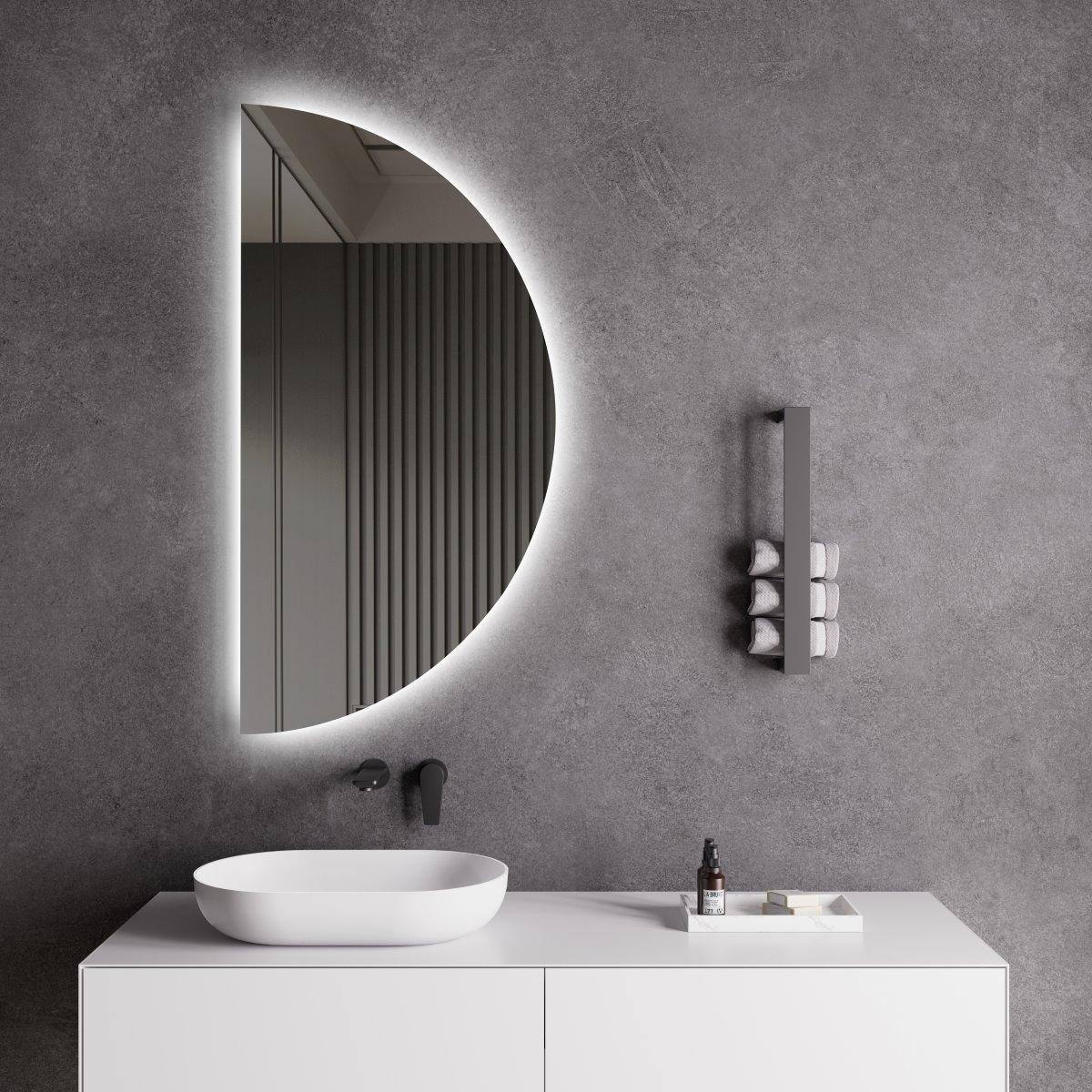 Half moon led bathroom mirror in bathroom