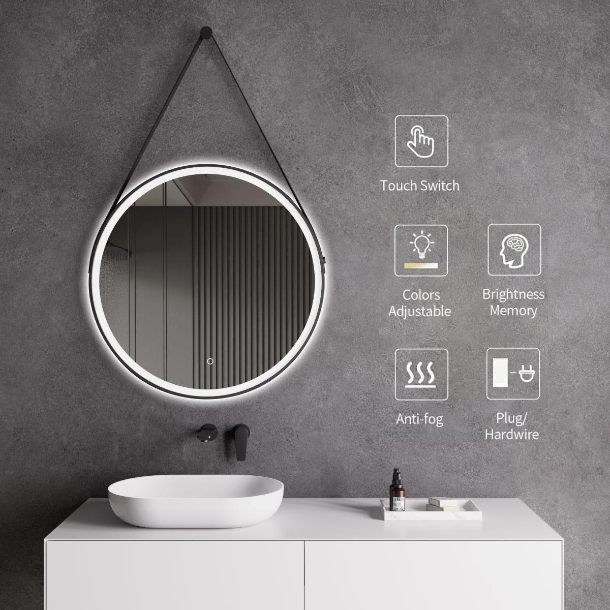 Hanging circle led bathroom mirror features