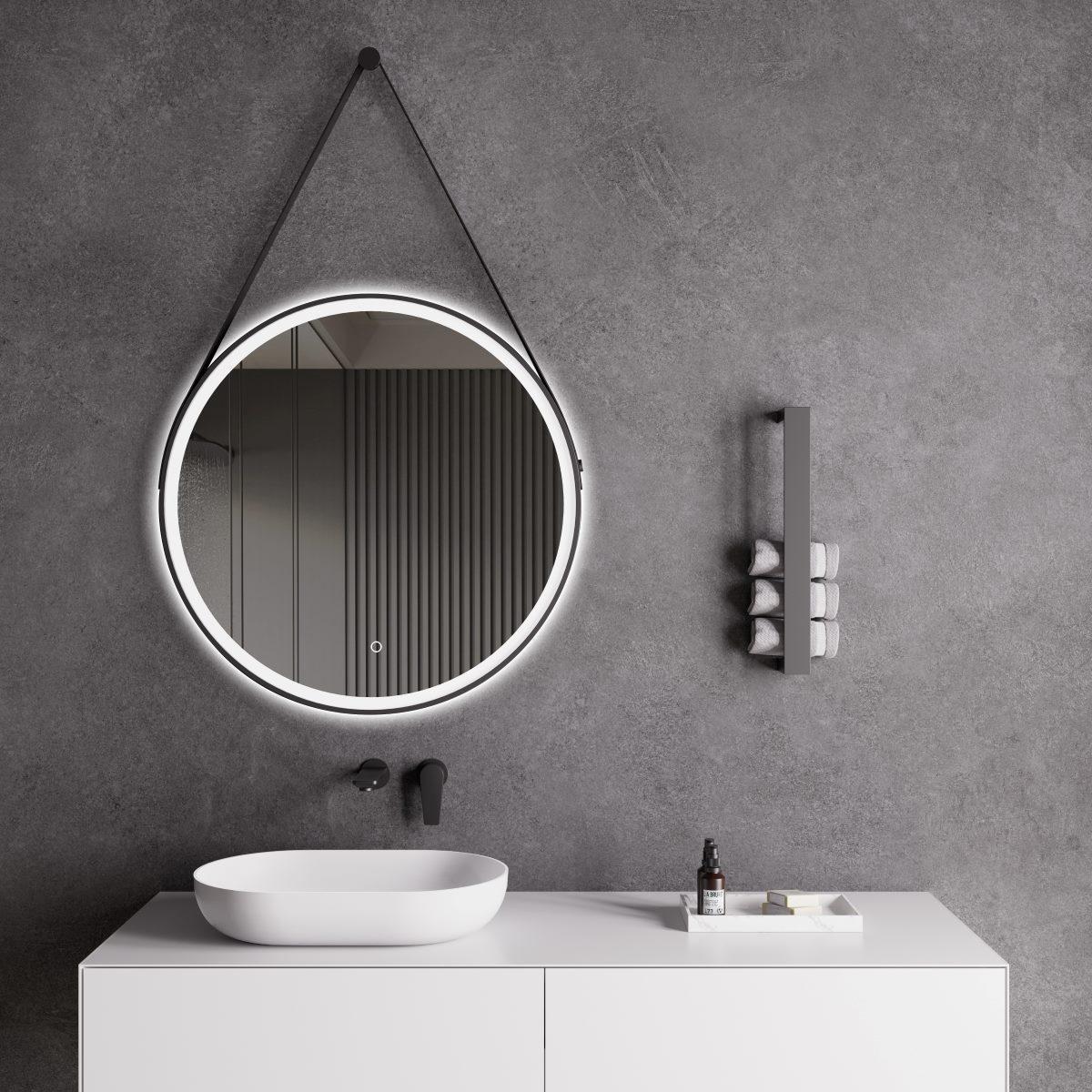Hanging circle led bathroom mirror in bathroom