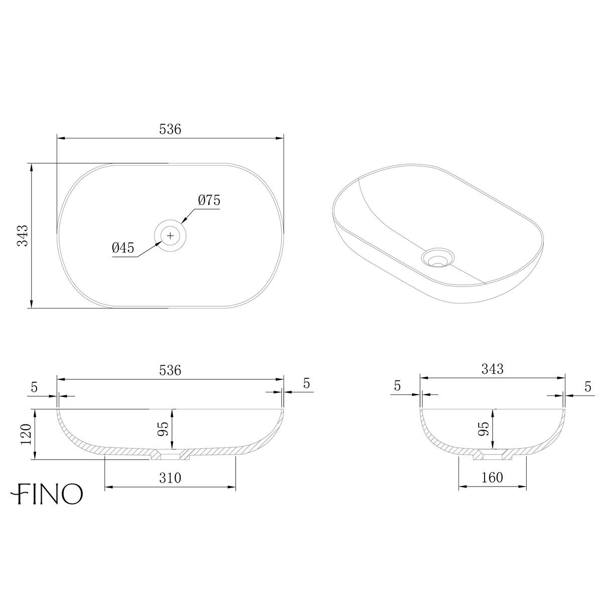 Isabena matt white countertop stone basin 540mm dimensions