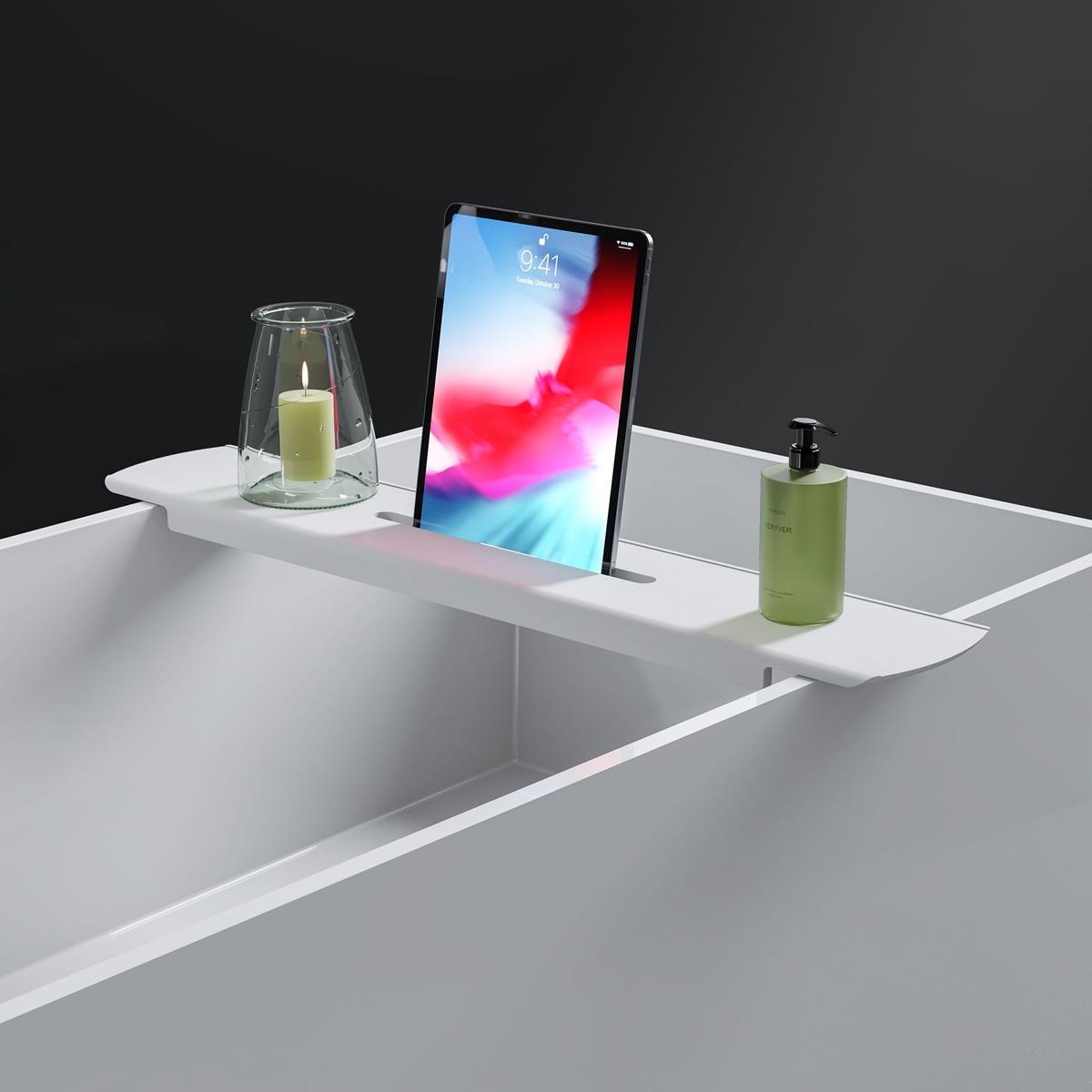 Matt white stone bath caddy shelf scene