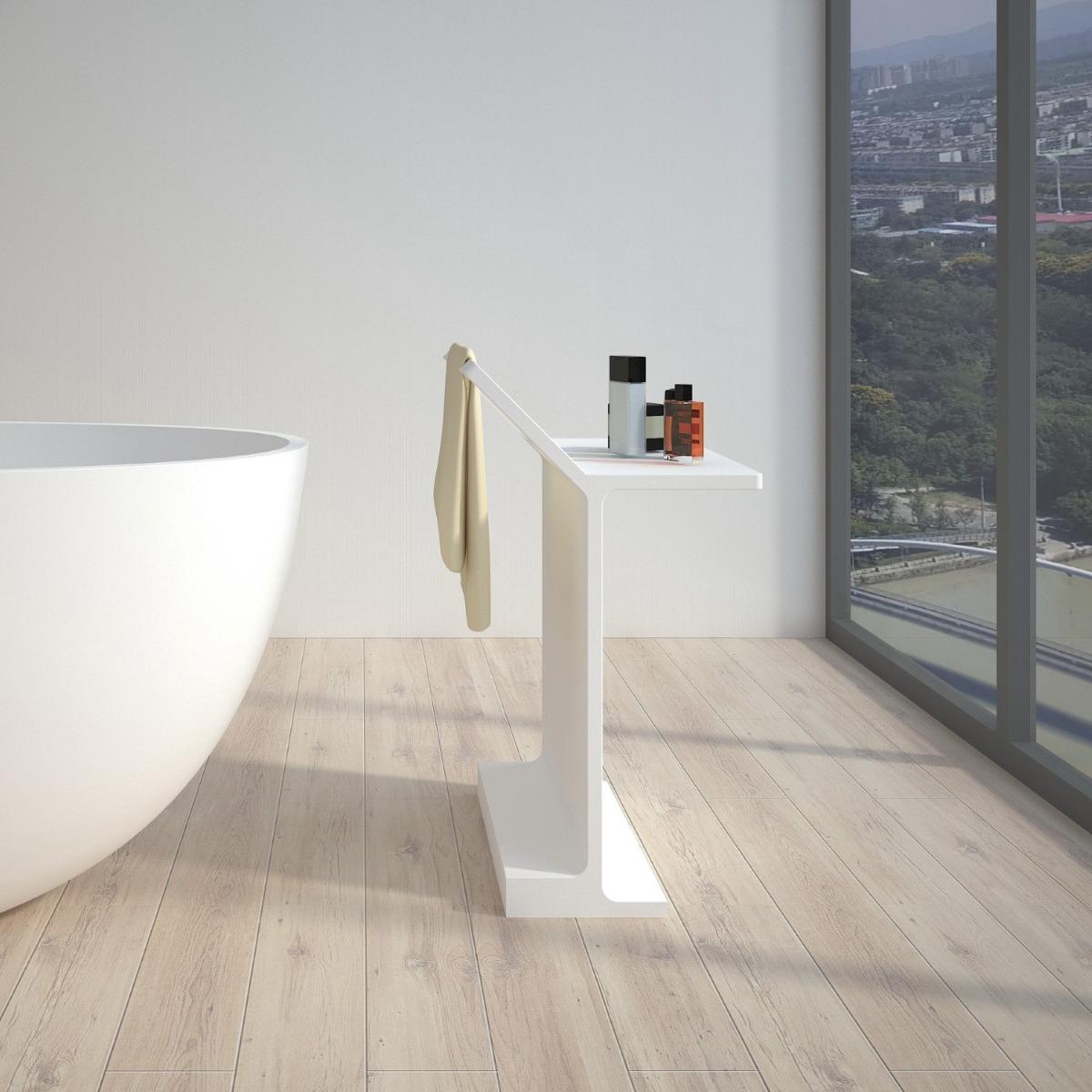 Matt white stone freestanding bath shelf with towel rail – 2