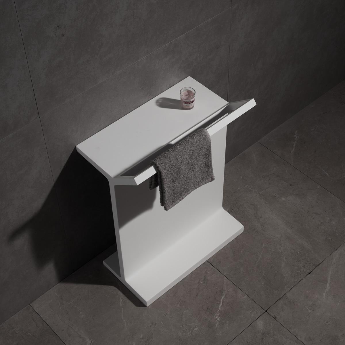 Matt white stone freestanding bath shelf with towel rail top