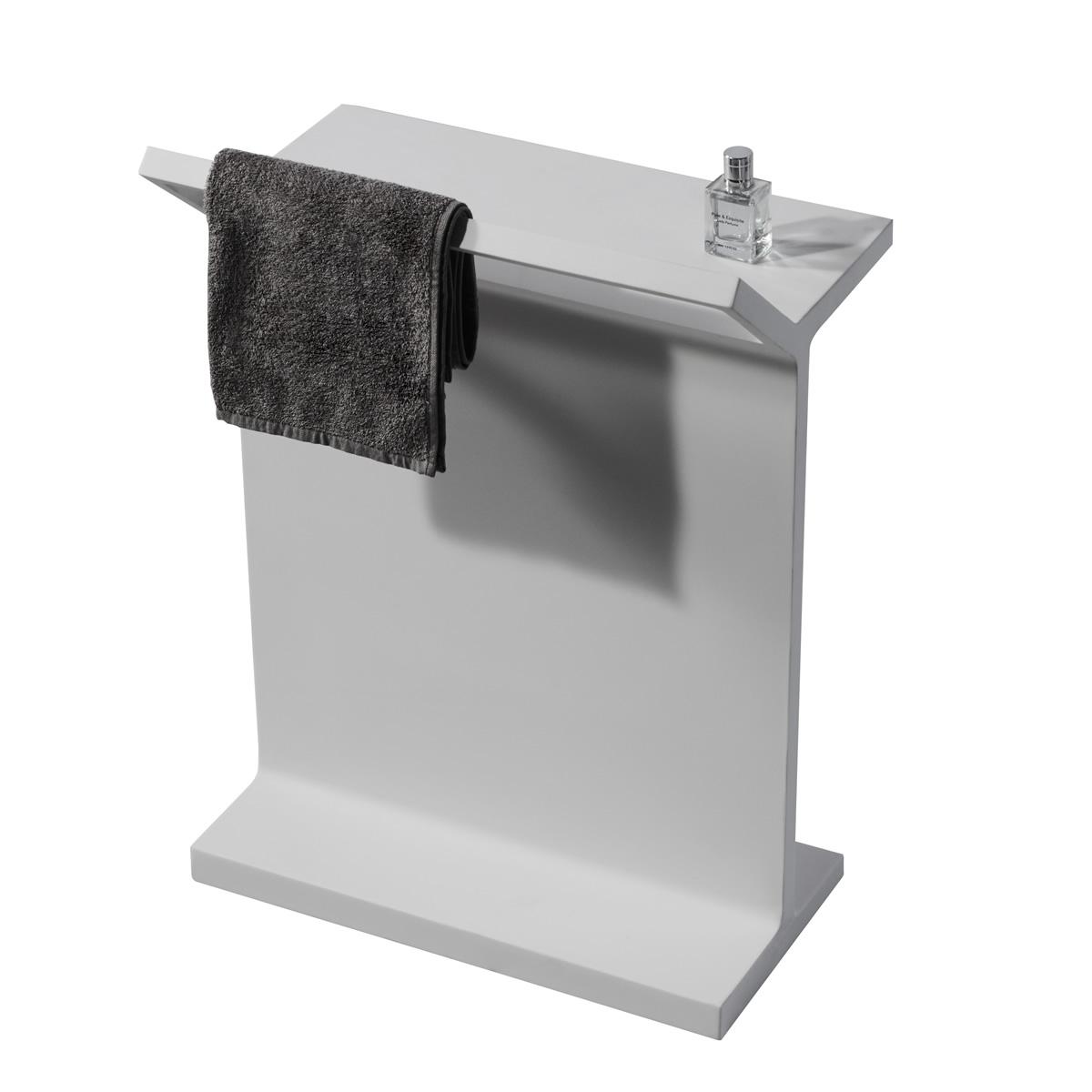Matt white stone freestanding bath shelf with towel rail white