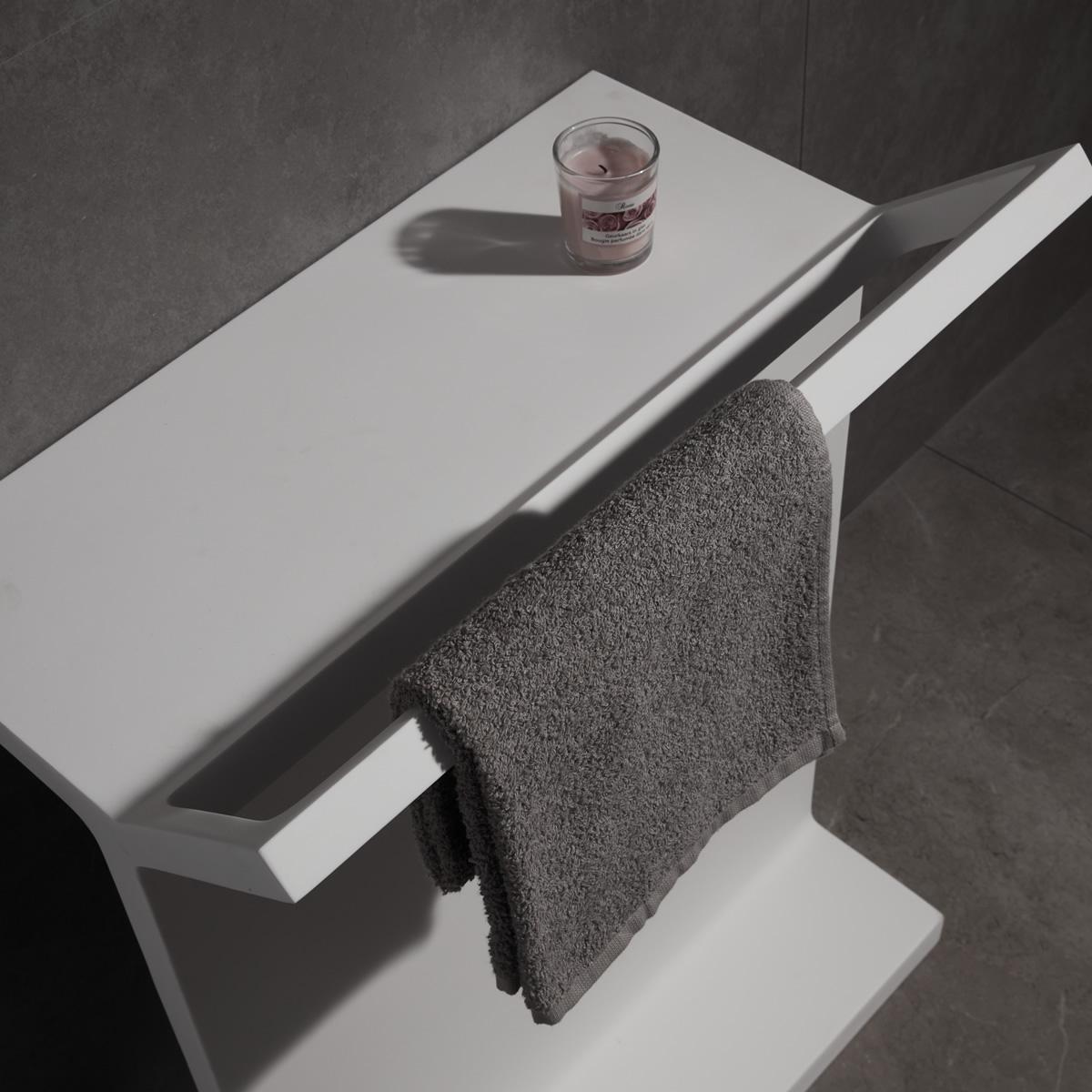 Matt white stone freestanding bath shelf with towel rail zoomed