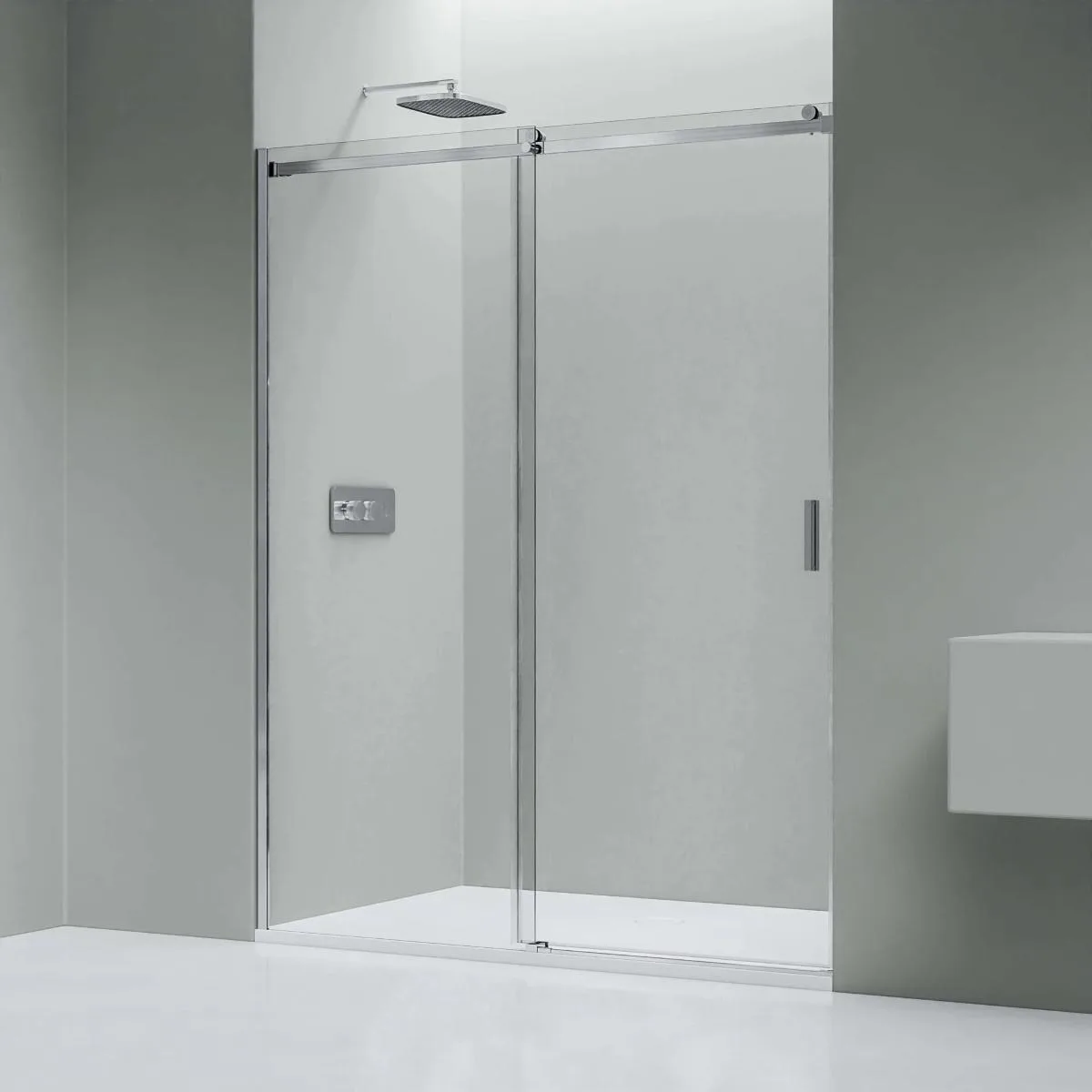 Sliding shower door closed